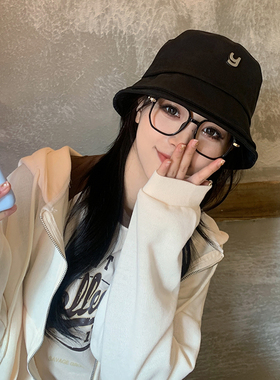 Y字母短檐渔夫帽女四季款韩版百搭遮脸防晒盆帽春秋双层帽檐帽子