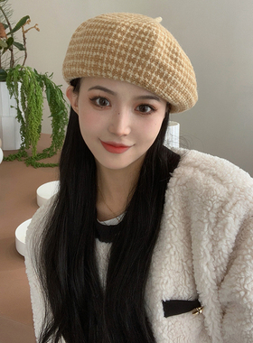 南瓜色针织贝雷帽女秋冬季日系复古千鸟格画家帽ins网红蓓蕾帽子
