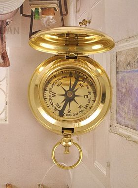 印度进口手工黄铜金色复古指南针指北针可挂便携式高精度航海罗盘