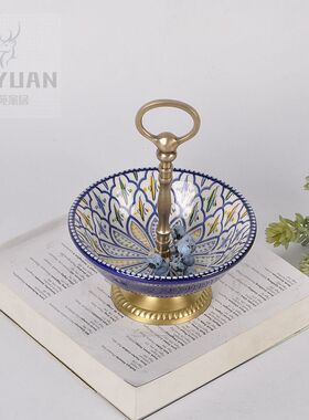 印度新中式青花手工彩绘陶瓷配铜双层盘铜把手果碗收纳盘奢华摆件