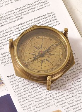 印度进口手工复古黄铜指南针户外便携指北针风水罗盘书房软装摆件