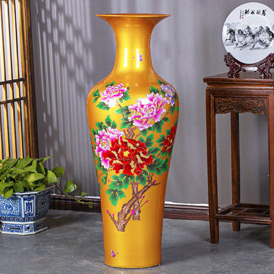 景德镇陶瓷器高档中国红牡丹落地大花瓶欧式客厅摆件大号特大开业 虎窝淘