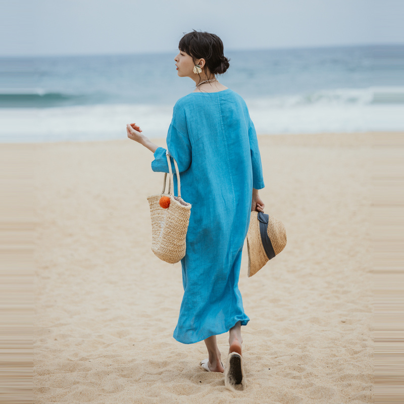 绽放旅行女装313朵/斯里兰卡蓝色干洗亚麻海边旅游穿搭度假连衣裙-图2