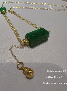 新中式国风干青翡翠方糖项链女款2025新款长款毛衣链轻奢高级感