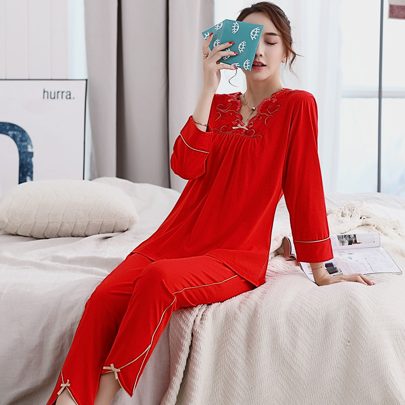 大红色睡衣女士春秋季纯棉长袖本命年薄款中年宽松大码高档家居服,淘宝优惠券,粉丝福利购,淘宝优惠卷