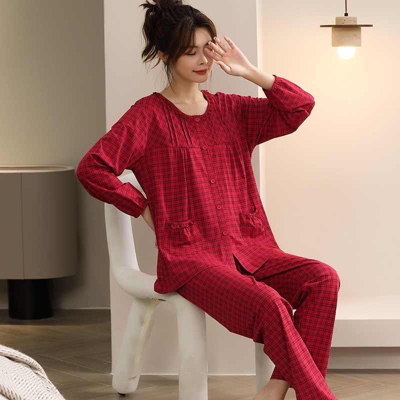 大红色睡衣女士春秋季纯棉长袖本命年薄款中年宽松大码高档家居服,淘宝优惠券,粉丝福利购,淘宝优惠卷