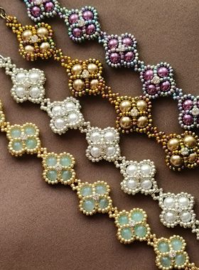 复古四叶草宫廷风小众设计款手链编织珍珠琉璃串珠