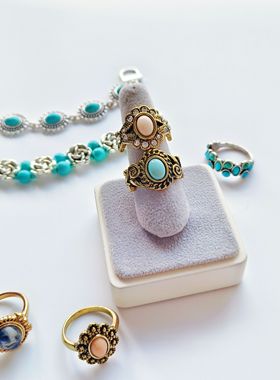 中古外贸复古饰品戒指手链绿松色石头小众简约ins风格设计感