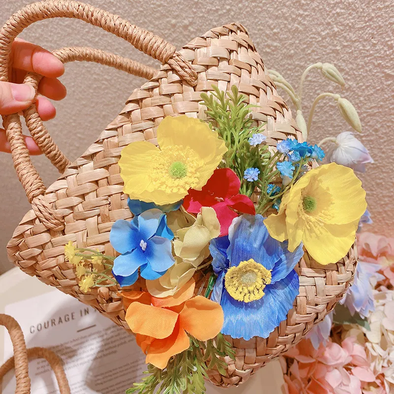 HD6474A08油画风森系花朵编织菜篮子手提包夏日度假沙滩包手拎包 - 图1
