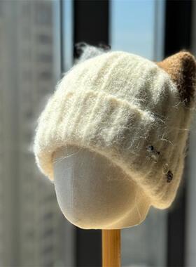 甜美可爱猫耳朵拼色针织帽女秋冬季保暖毛线帽显脸小大头围护耳帽