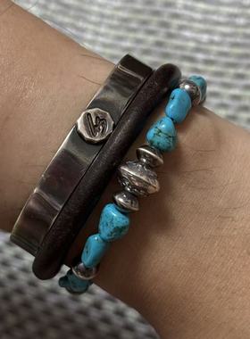 工装飞行员 日系原创手工复古925纯银湖北松石银珠手链手串男女