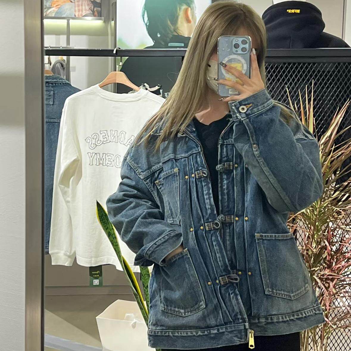 工装飞行员 MADNESS 23AW 余文乐水洗做旧宽松盘扣唐装牛仔外套男 - 图2