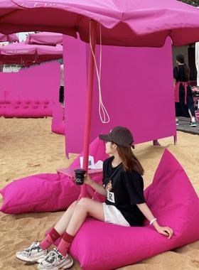 玫红色沙滩椅遮阳伞网红店铺摆件装饰打卡点布置粉色户外拍照道具