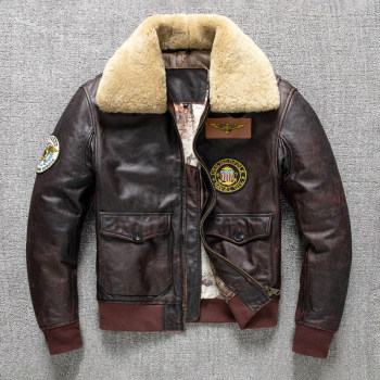 G1 ຊັ້ນເທິງໃຫມ່ cowhide ຫນັງ jacket ຜູ້ຊາຍຂອງນັກບິນຝ້າຍ lapel ກອງທັບອາກາດການບິນ suit jacket ຂະຫນາດໃຫຍ່