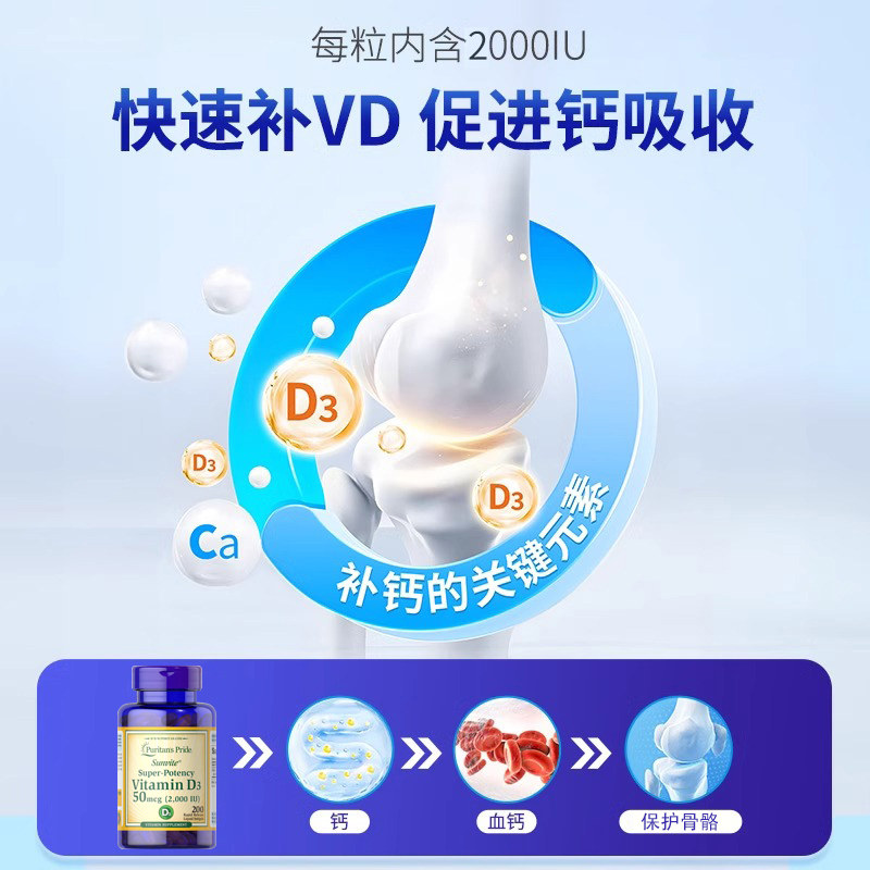 美国进口普丽普莱维生素D3成人维他命D3片2000iu液体软胶囊200粒