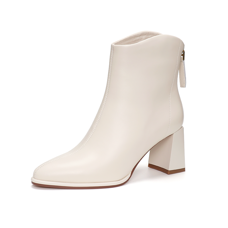 COMELY康莉2025新款尖头粗跟时装靴羊皮后拉链裸靴女短靴KYQ48668,淘宝优惠券,粉丝福利购,淘宝优惠卷