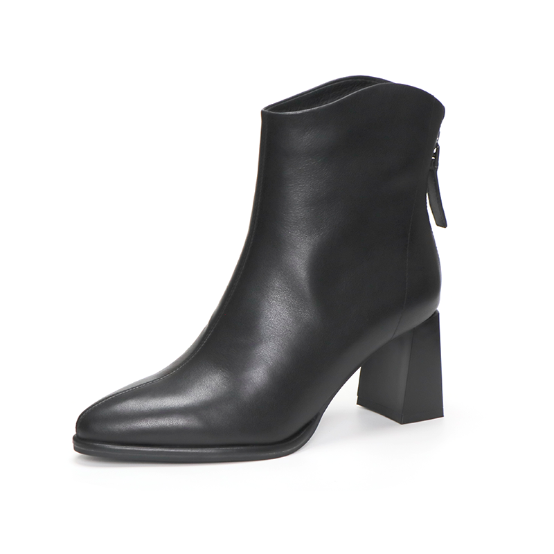 COMELY康莉2025新款尖头粗跟时装靴羊皮后拉链裸靴女短靴KYQ48668,淘宝优惠券,粉丝福利购,淘宝优惠卷