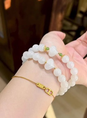和田冰白羊脂白白玉手链手串老坑料白度好温润细腻网红桃心
