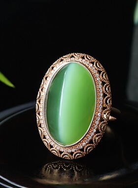 天然和田玉碧玉老料猫眼蛋面吊坠18k金镶嵌玉石戒指送礼物