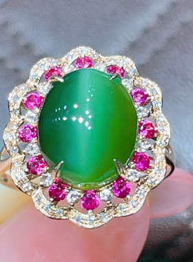 天然和田玉俄料碧玉猫眼蛋面戒指18k玫瑰金镶嵌南非钻石红宝石