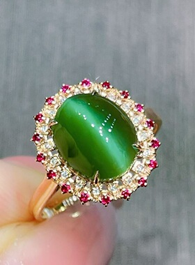 天然和田玉碧玉菠菜绿猫眼蛋面戒指18k金镶嵌玉石指环送礼物