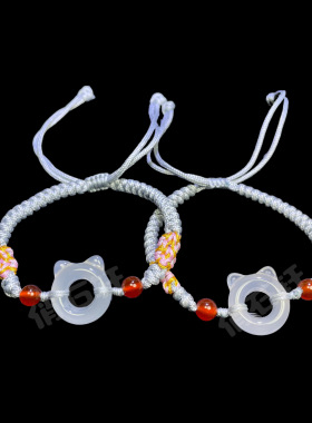 天然白玛瑙小猫玉髓猫耳朵玉猫咪吊坠玉石手链手牌圈环小猫头女款