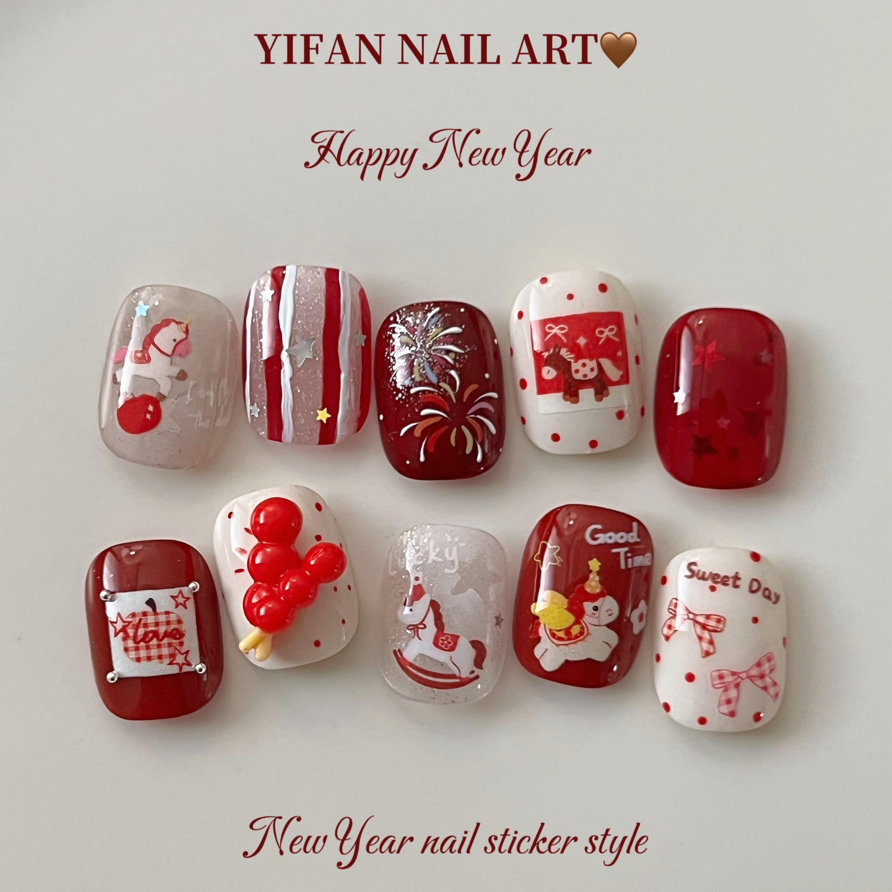 YIFANNAIL【春节马年】可爱马上有钱 红色小马薄韧美甲贴纸J205,淘宝优惠券,粉丝福利购,淘宝优惠卷