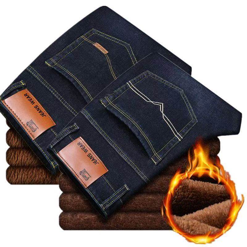 加绒牛仔裤男宽松直筒加厚保暖男弹力裤
