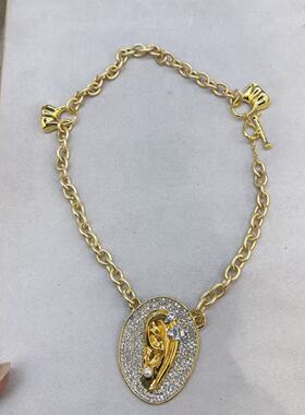 欧美重工复古个性五官耳朵圆饼满钻吊坠项链夸张时尚高级感锁骨链