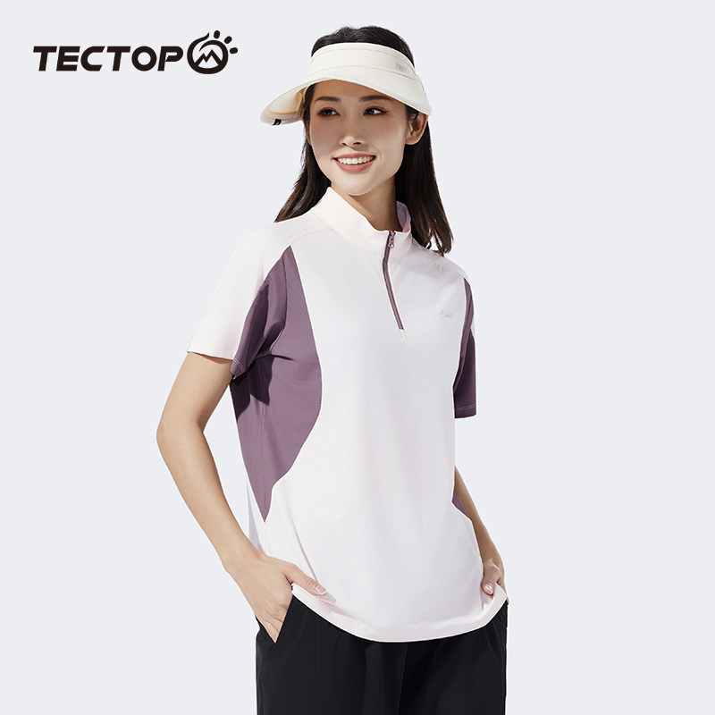 探拓户外夏季女士款宽松透气时尚速干T恤运动休闲短袖立领半开衫,淘宝优惠券,粉丝福利购,淘宝优惠卷