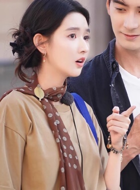 王玉雯同款棕色波点长条丝巾女