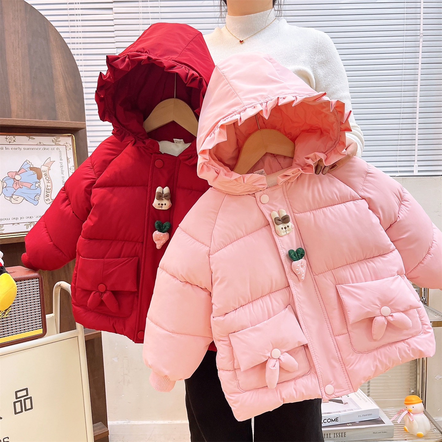 女童加绒加厚棉服2026冬季新款儿童卡通兔子花边连帽保暖棉衣外套,淘宝优惠券,粉丝福利购,淘宝优惠卷