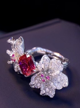 925纯银镶锆石花朵戒指双朵花时尚可调节