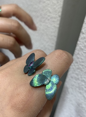 纯钛金蝴蝶戒指可调节戒圈不过敏不掉色 俏立 天然蓝宝石