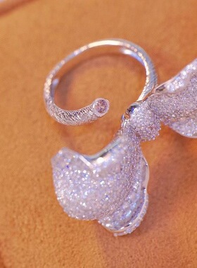 925纯银镶锆石蝴蝶结戒指可调节戒圈鸡尾酒食指戒