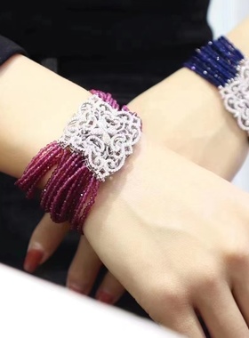 天然半宝石玛瑙手链多层925纯银锆石扣蓝色绿色红色经典款