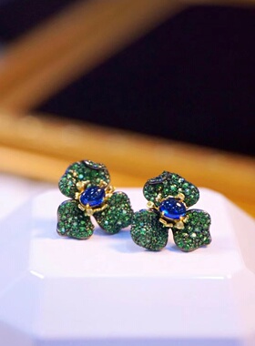 锆石花朵耳钉925纯银精镶红色绿色蓝色可选经典款浪漫