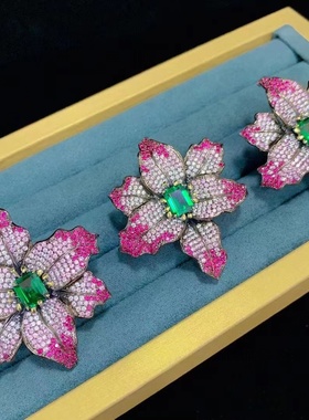 大花朵鸡尾酒会戒指925纯银镶锆石渐变色高档可调节圈号