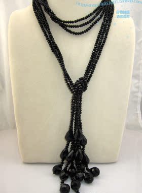 韩版黑色长款水晶多层毛衣链