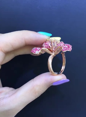 纯银锆石可调节活扣花朵戒指