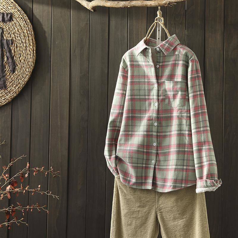 新款文艺加绒衬衫加厚条纹打底衫 慕苑衬衫