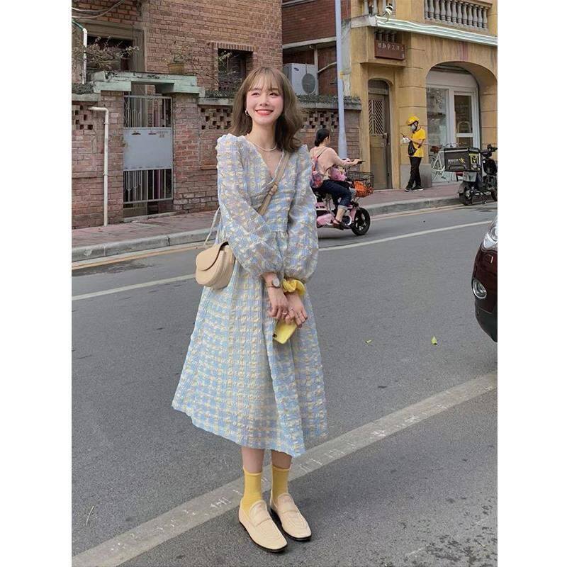 法式甜美泡泡袖百搭复古格子连衣裙 慕苑连衣裙