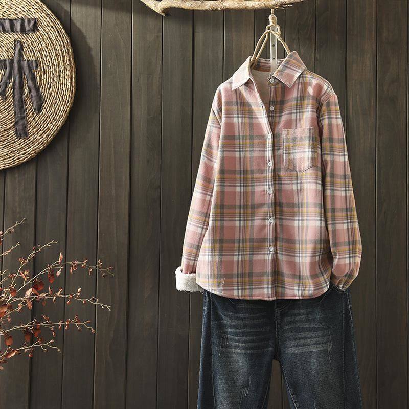 新款文艺加绒衬衫加厚条纹打底衫 慕苑衬衫