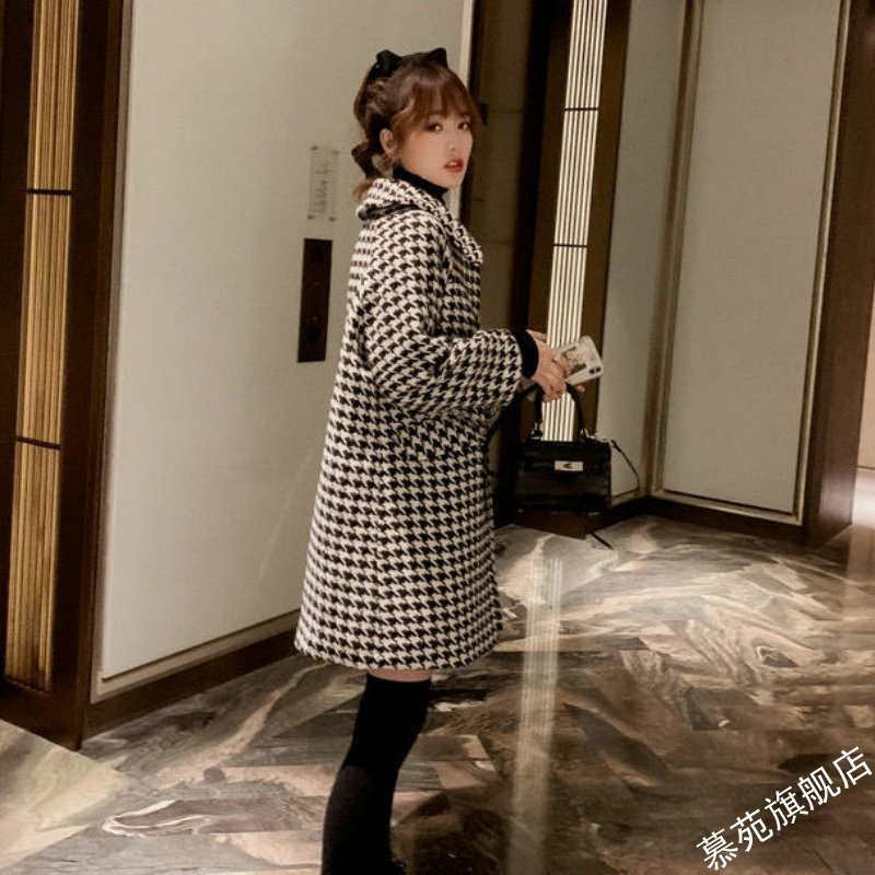 大码mm千鸟格冬中长款加棉大衣 慕苑毛呢外套