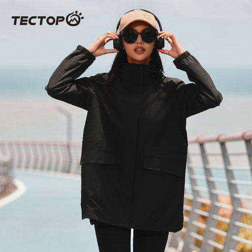 TECTOP探拓户外秋冬季中长款冲锋衣女式宽松两件套三合一风衣外套 - 图0