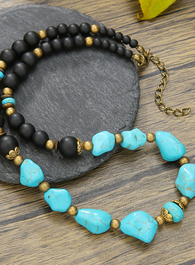 跨境新款个性复古不规则绿松石项链  异域风小金珠黑磨砂串珠饰品