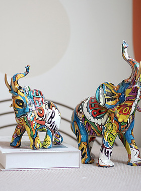 跨境现代创意涂鸦大象摆件家居玄关电视柜办公室装饰品树脂工艺品