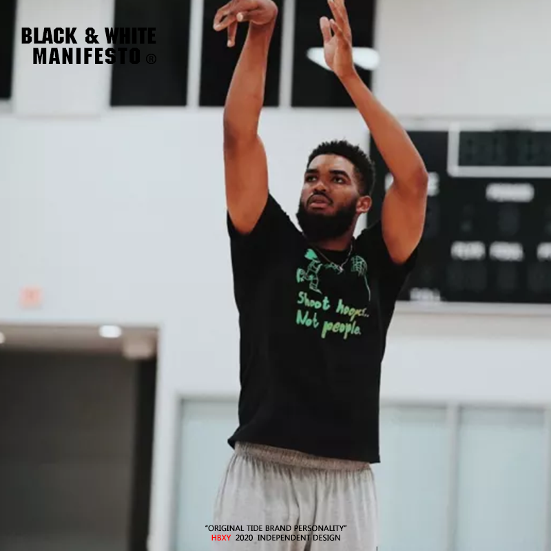 湖人库兹马同款短袖篮球运动棉t恤 黑白宣言T恤