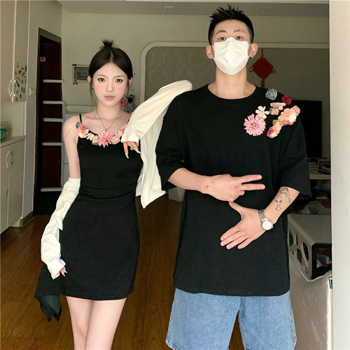 小众设计感情侣装夏季2024韩版短袖T恤女连衣裙法式一裙一衣ins潮-图0