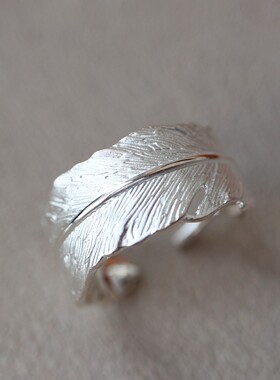 日系复古小众设计感羽毛戒指开口均码纯银宽版戒指指环925银中性